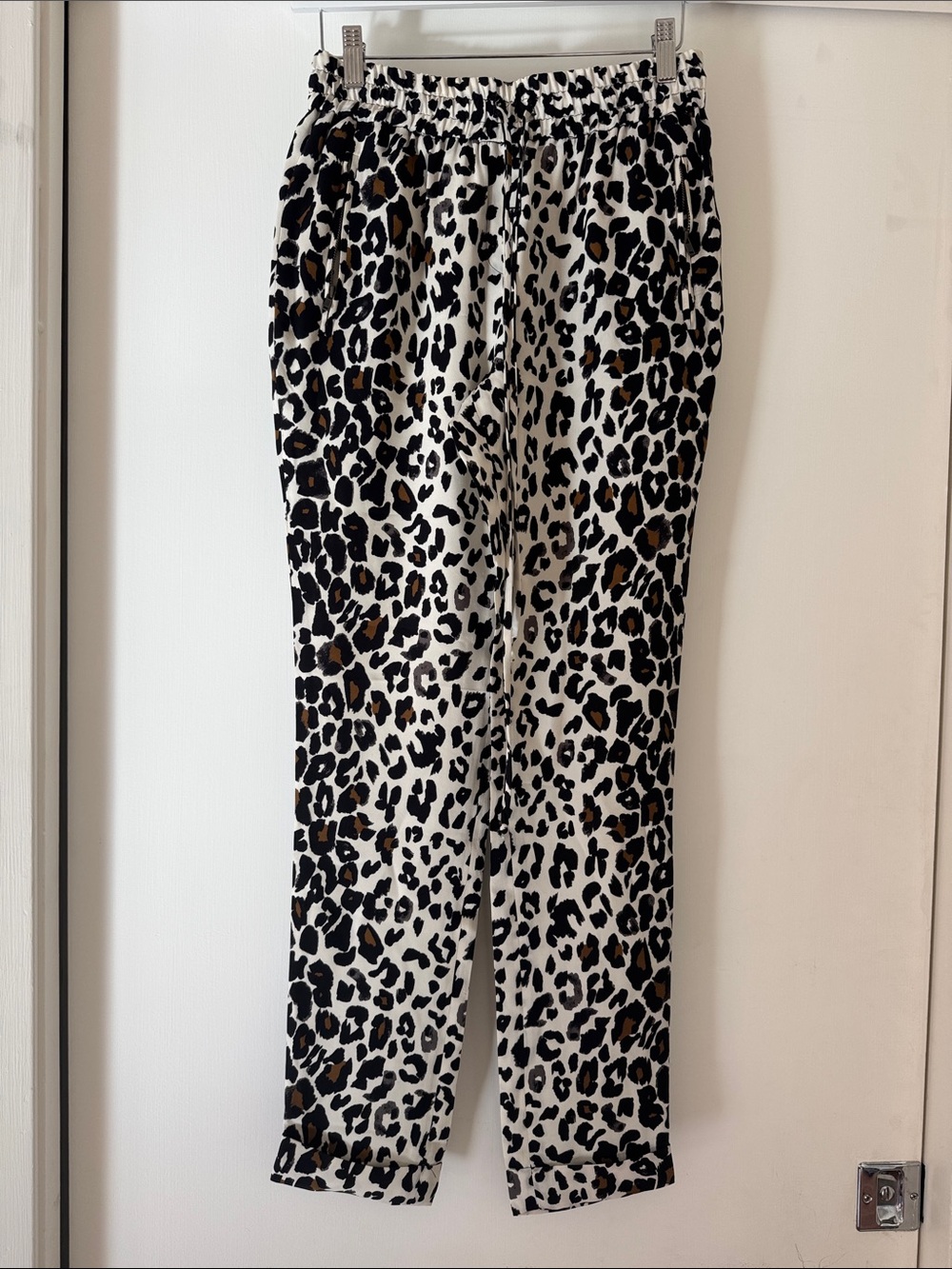 A.L.C. Black and White Leopard-Print Silk Elastic-Waist Pants